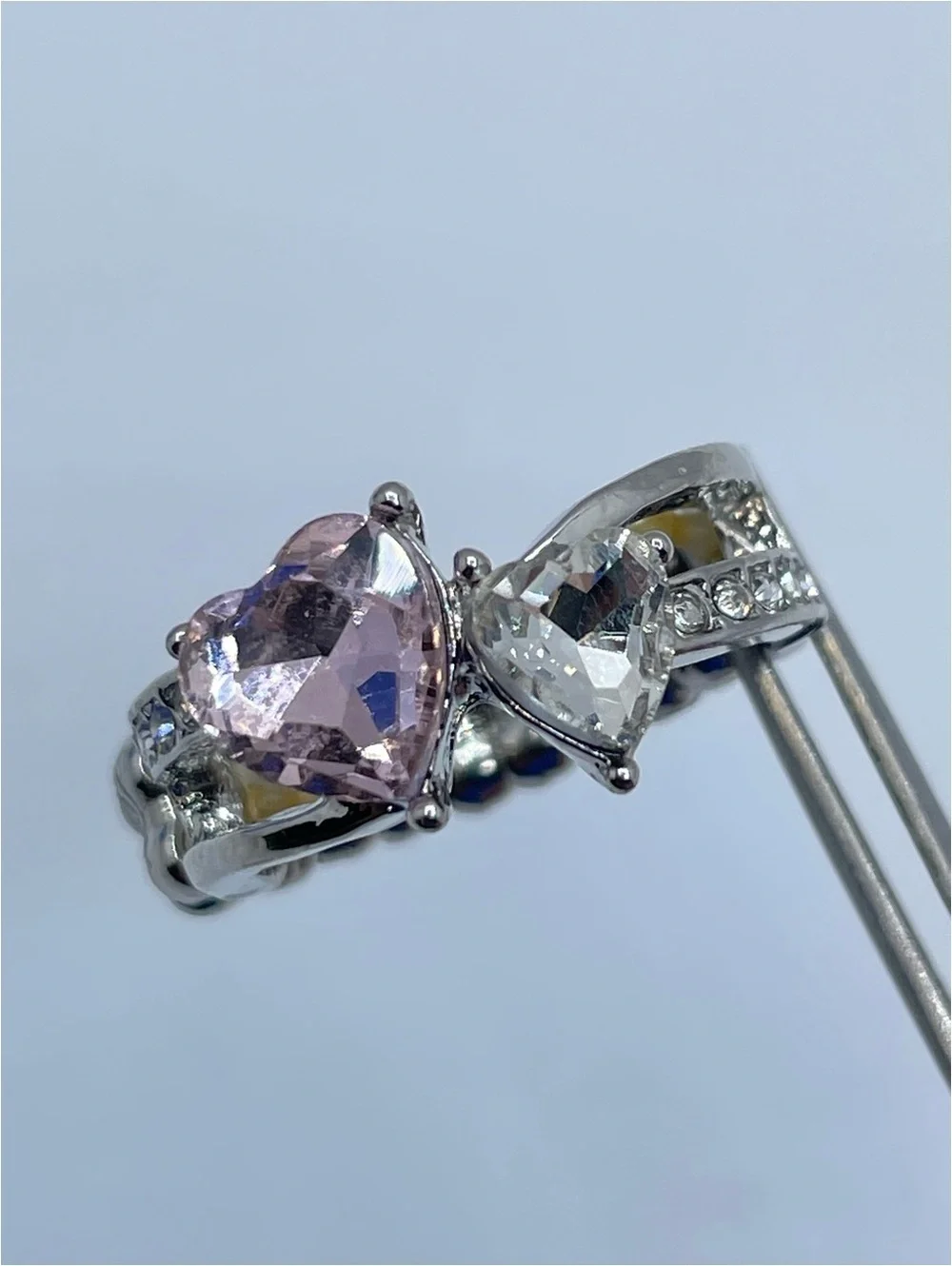 Silver Tone Pink Clear Heart Crystal Stretch Ring Statement
